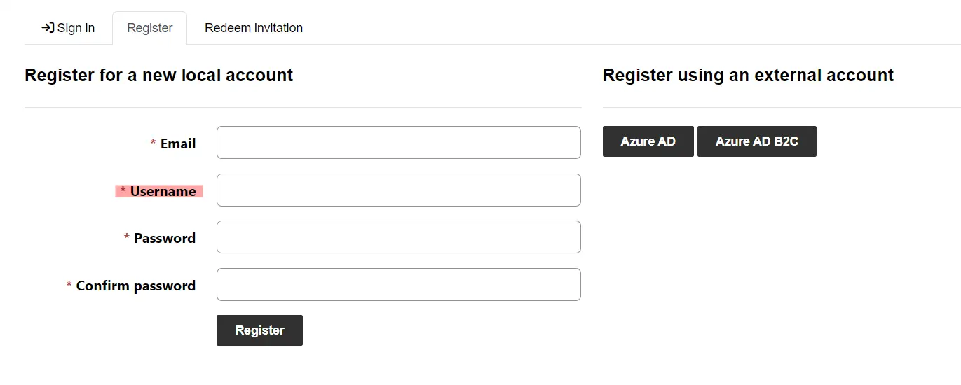 portal register form with username field