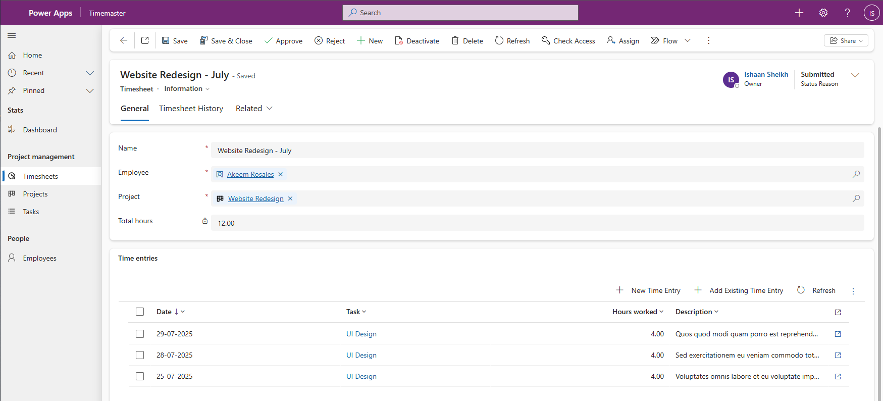timesheet form with approve and reject button