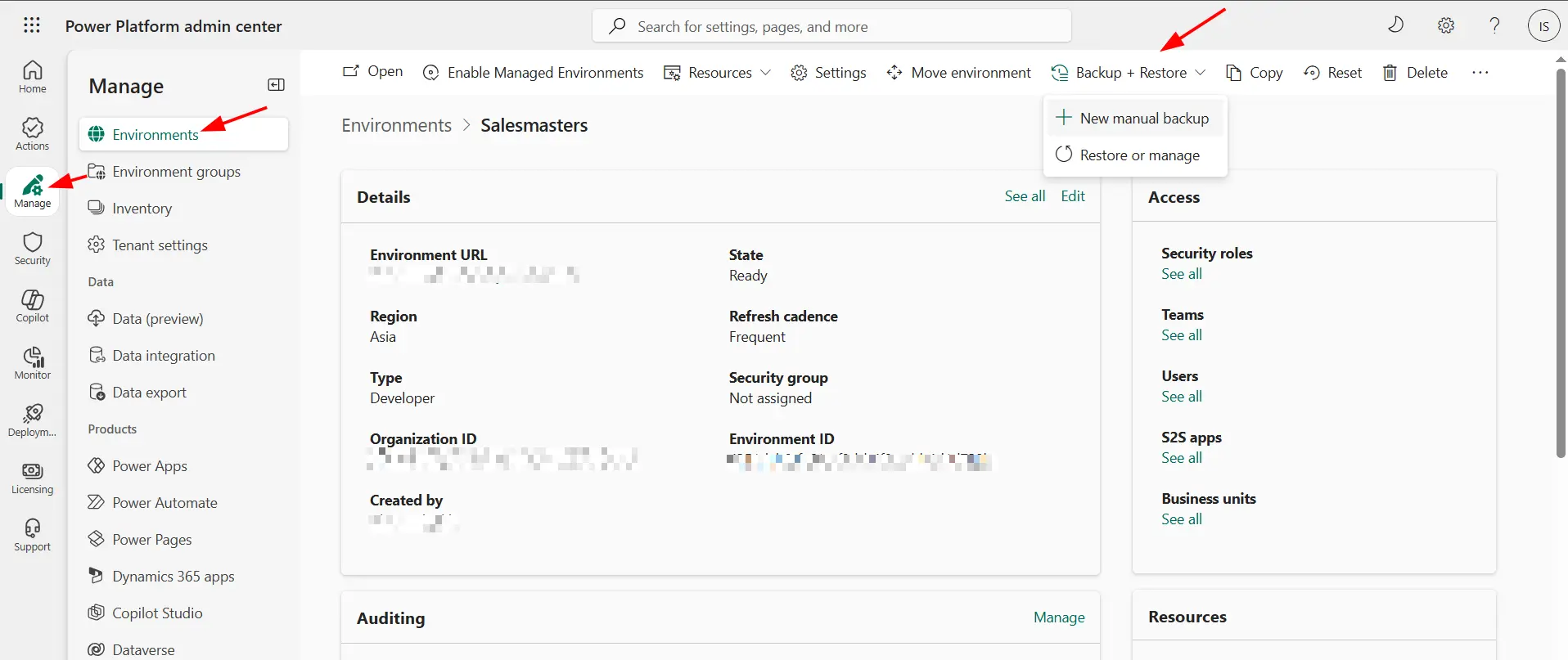 manual backup in dataverse