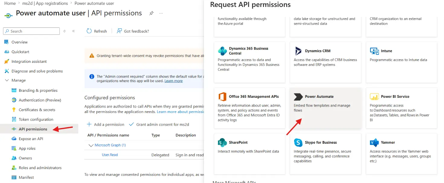 adding power automate API permission in the app